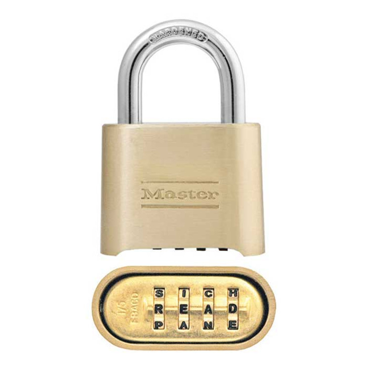 Master Lock Combination Brass Padlock Resettable Word, Body Width: 2" (51mm), Shackle Length: 1" (25mm), Shackle Width: 1" (25mm), Shackle Diameter: 5/16" (8mm)