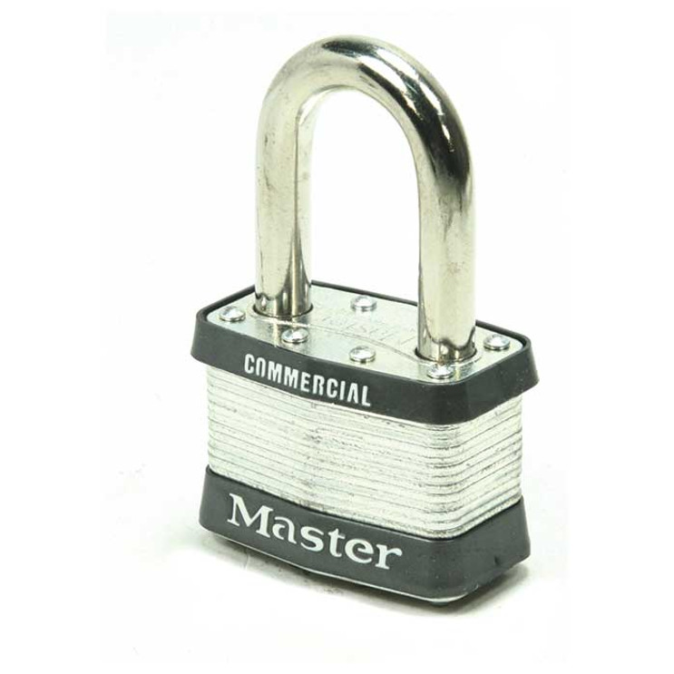 Master Lock Laminated Steel Padlock, Non-Rekeyable, Keyed Different, Body Width: 2" (51mm), Shackle Length: 1-1/2" (38mm), Shackle Width: 15/16" (24mm), Shackle Diameter: 3/8" (10mm)