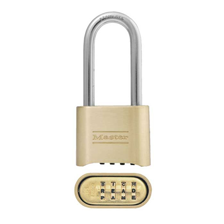 Master Lock Combination Brass Padlock Resettable, Body Width: 2" (51mm), Shackle Length: 2-1/4" (57mm), Shackle Width: 1" (25mm), Shackle Diameter: 5/16" (8mm)