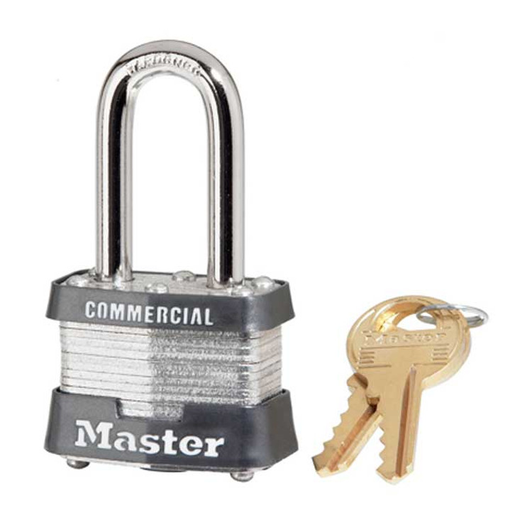 Master Lock Laminated Steel Padlock, Rekeyable, 5-Pin Tumbler, Keyed Different, Body Width: 1-3/4" (44mm), Shackle Length: 1-1/2" (38mm), Shackle Width: 3/4" (19mm), Shackle Diameter: 5/16" (8mm)