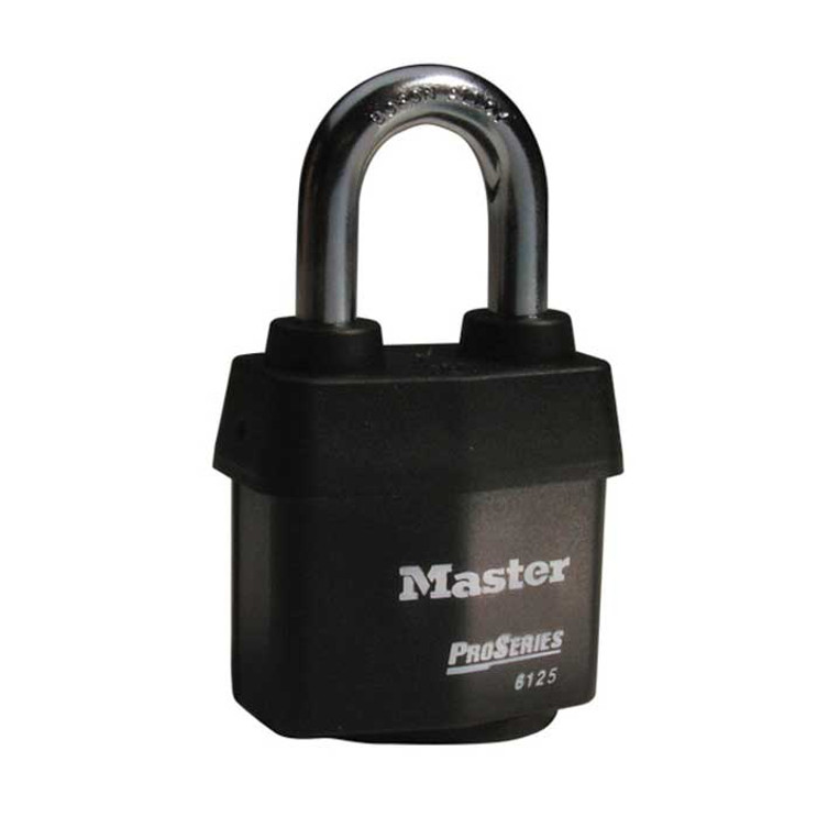 Master Lock Pro Series Weather Tough Padlock Covered Laminated Steel, Rekeyable 5-Pin, Keyed Different, Body Width: 2-3/8" (60mm), Shackle Length: 1-3/8" (35mm), Shackle Width: 7/8" (22mm), Shackle Diameter: 3/8" (10mm), Black