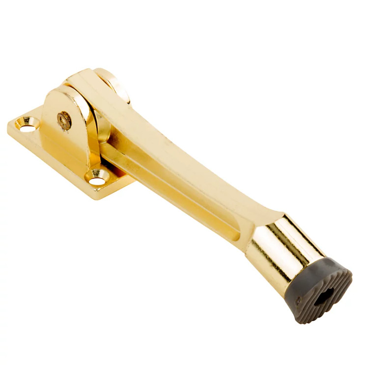 National Hardware Kickdown Door Stop, Ribbed Rubber Foot For Positive Holding, 5", Visual Pack, Bright Polished Brass