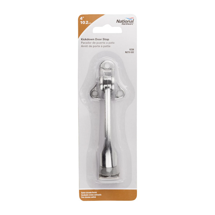 National Hardware Kickdown Door Stop, Ribbed Rubber Foot For Positive Holding, 5", Visual Pack, Bright Polished Brass