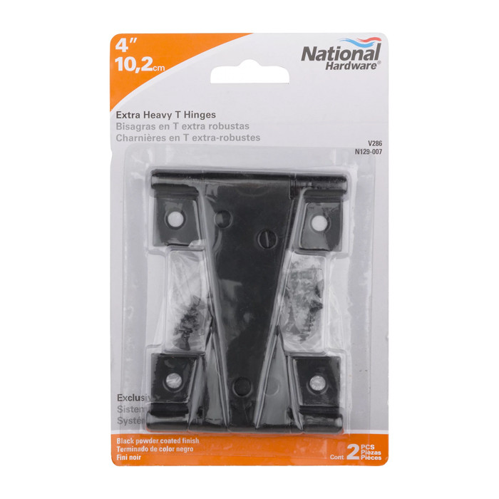 National Hardware Extra Heavy T-Hinge, 4", Safe Working Load 23 Lbs. Each, 2 Piece Visual Pack, Catalog #V286, Black