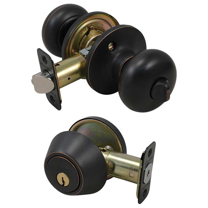 Master Lock Biscuit Knob Entry & Deadbolt Combo Grade 3, Keyed And, Sc1 Keyway, 6-Way Latch, 4-Way, Antique Bronze