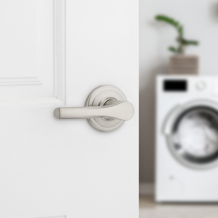 Kwikset Henley Passage Lever With Round Rose, 6-Way Adjustable Latch And Round Corner Strike, Satin Nickel