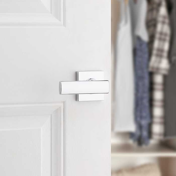 Kwikset Breton Passage Lever With Square Rose, 6-Way Adjustable Latch And Round Corner Strike, Bright Polished Chrome