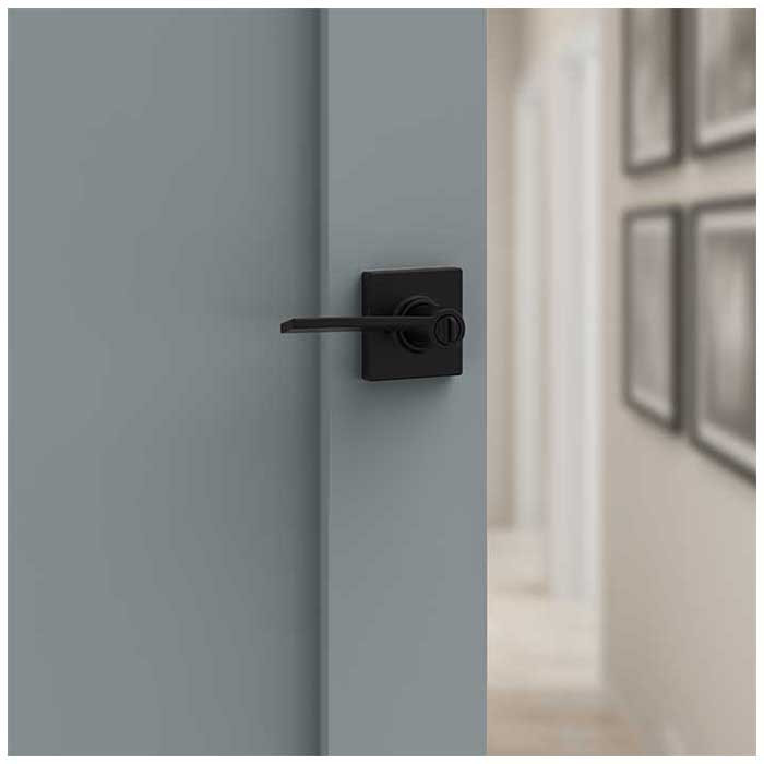 Kwikset Ladera Privacy Lever With Square Rose, 6-Way Adjustable Latch And Round Corner Strike, Matte Black