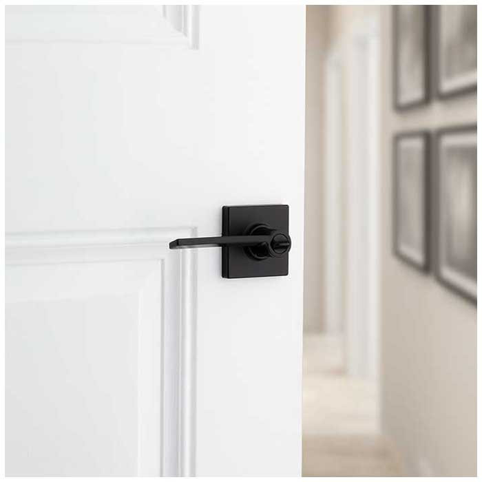 Kwikset Ladera Privacy Lever With Square Rose, 6-Way Adjustable Latch And Round Corner Strike, Matte Black