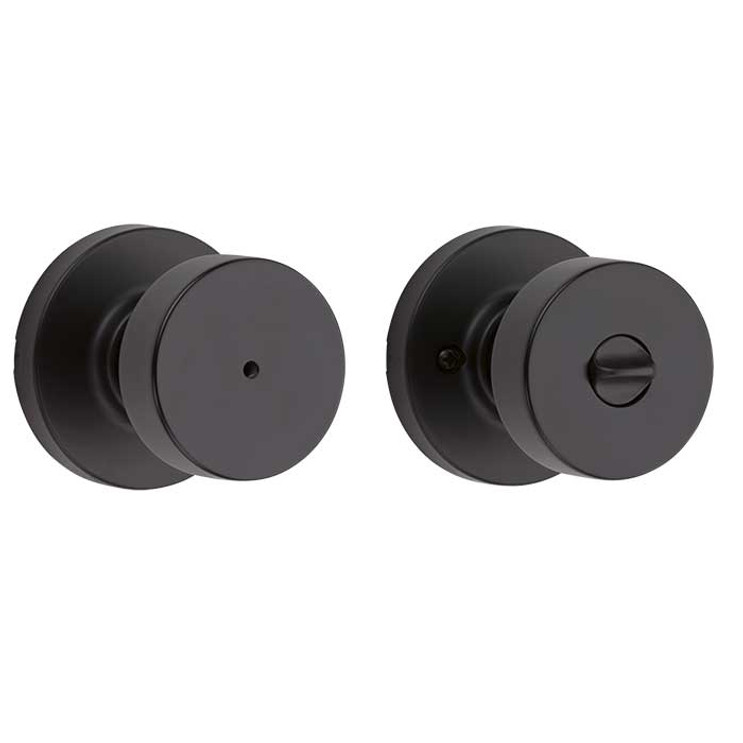 Kwikset Pismo Privacy Knob With Round Rose, 6-Way Adjustable Latch And Round Corner Strike, Matte Black