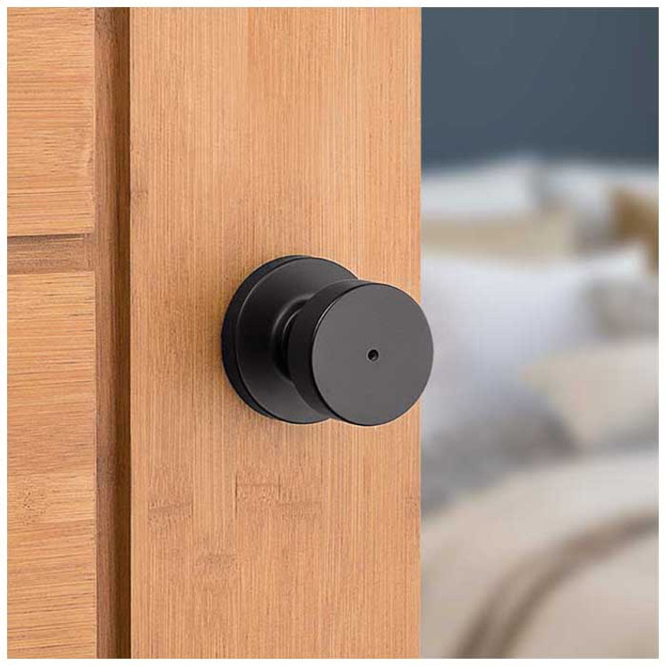 Kwikset Pismo Privacy Knob With Round Rose, 6-Way Adjustable Latch And Round Corner Strike, Matte Black