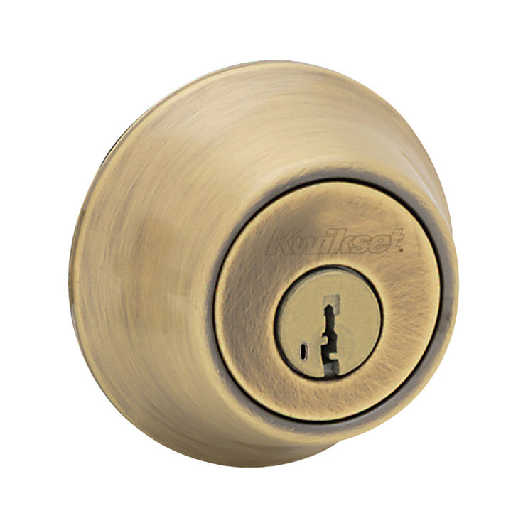 Kwikset 665 Double Cylinder Deadbolt, Smartkey, Round Corner Adjustable Latch, With Round Corner 1" X 2-1/4" Strike And Round Corner Full Lip Strike, Antique, Antique Brass