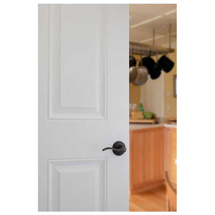 Kwikset Balboa Passage Lever With 6-Way Adjustable Latch And Round Corner Strike, Matte Black