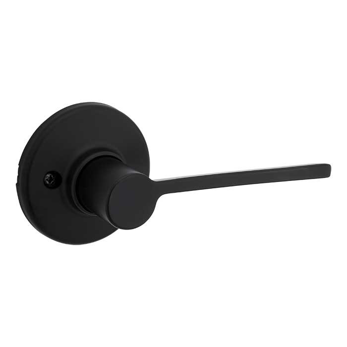 Kwikset Ladera Passage Lever With Round Rose, 6-Way Adjustable Latch And Round Corner Strike, Matte Black
