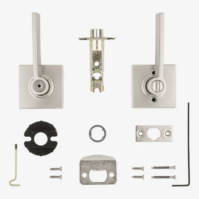 Kwikset Ladera Privacy Lever With Square Rose, 6-Way Adjustable Latch And Round Corner Strike, Satin Nickel