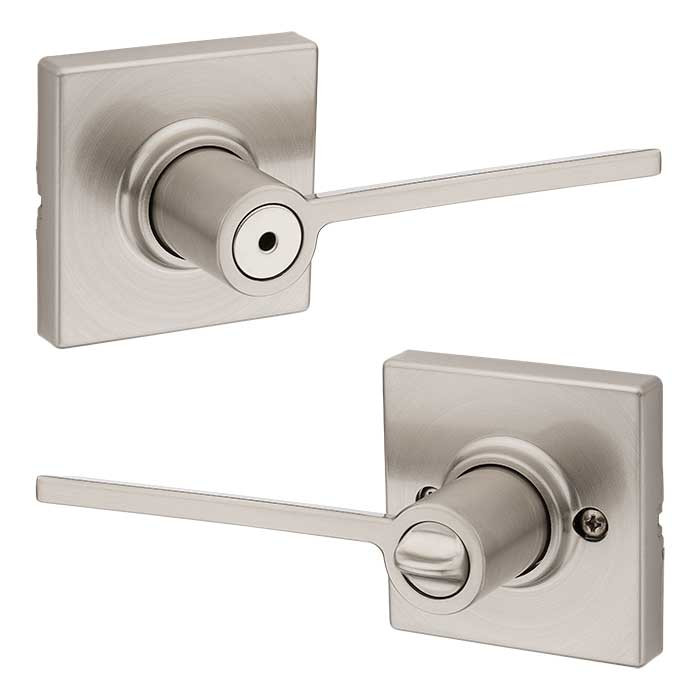 Kwikset Ladera Privacy Lever With Square Rose, 6-Way Adjustable Latch And Round Corner Strike, Satin Nickel