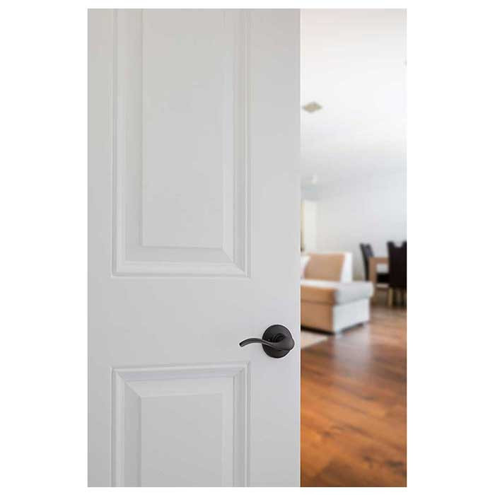 Kwikset Balboa Passage Lever With 6-Way Adjustable Latch And Round Corner Strike, Venetian Bronze