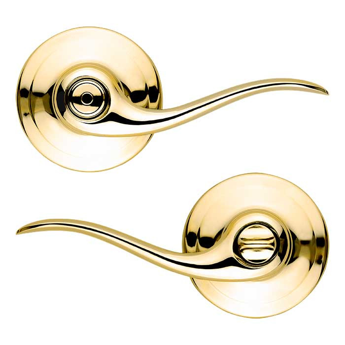 Kwikset Tustin Privacy Lever With 6-Way Adjustable Latch And Round Corner Strike, Bright Polished Brass