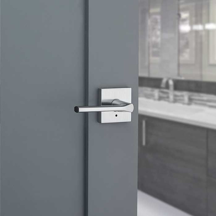 Kwikset Lisbon Privacy Lever With Square Rose, 6-Way Adjustable Latch And Round Corner Strike, Satin Chrome