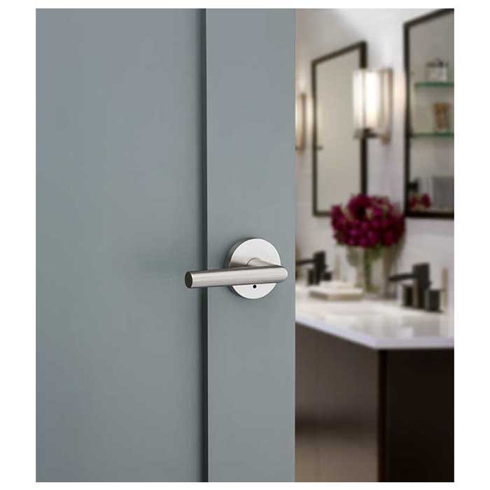 Kwikset Milan Privacy Lever With Round Rose, 6-Way Adjustable Latch And Round Corner Strike, Satin Nickel