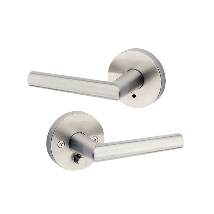 Kwikset Milan Privacy Lever With Round Rose, 6-Way Adjustable Latch And Round Corner Strike, Satin Nickel