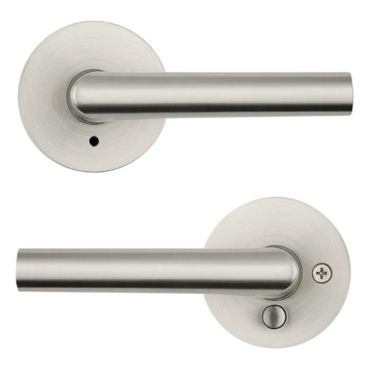 Kwikset Milan Privacy Lever With Round Rose, 6-Way Adjustable Latch And Round Corner Strike, Satin Nickel