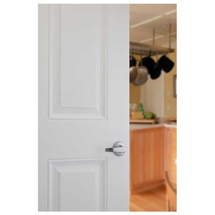 Kwikset Delta Passage Lever With 6-Way Adjustable 20 Minute Ul Latch And Round Corner Strike, Satin Chrome