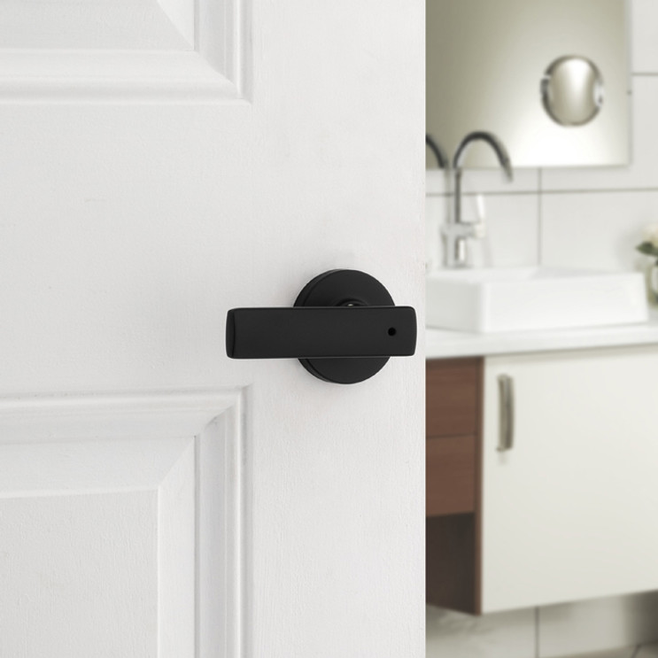 Kwikset Breton Privacy Lever With Round Rose, 6-Way Adjustable Latch And Round Corner Strike, Matte Black