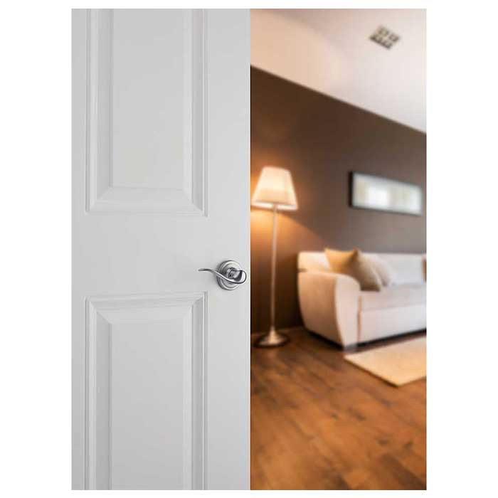 Kwikset Tustin Passage Lever With 6-Way Adjustable Latch And Round Corner Strike, Satin Chrome