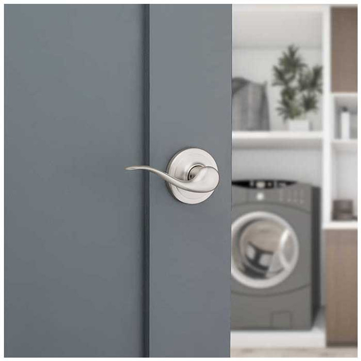 Kwikset Tustin Passage Lever With 6-Way Adjustable Latch And Round Corner Strike, Satin Nickel