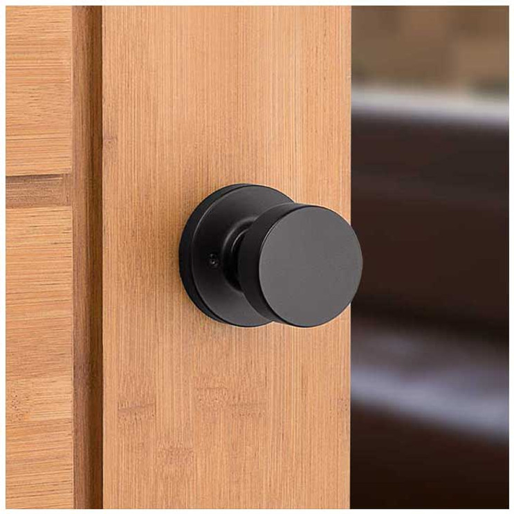 Kwikset Pismo Passage Knob With Round Rose, 6-Way Adjustable Latch And Round Corner Strike, Matte Black