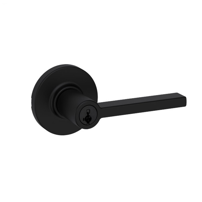 Kwikset Casey Keyed Entry Lever Smartkey With Round Rose, 6-Way Adjustable Latch And Round Corner Strike, Matte Black