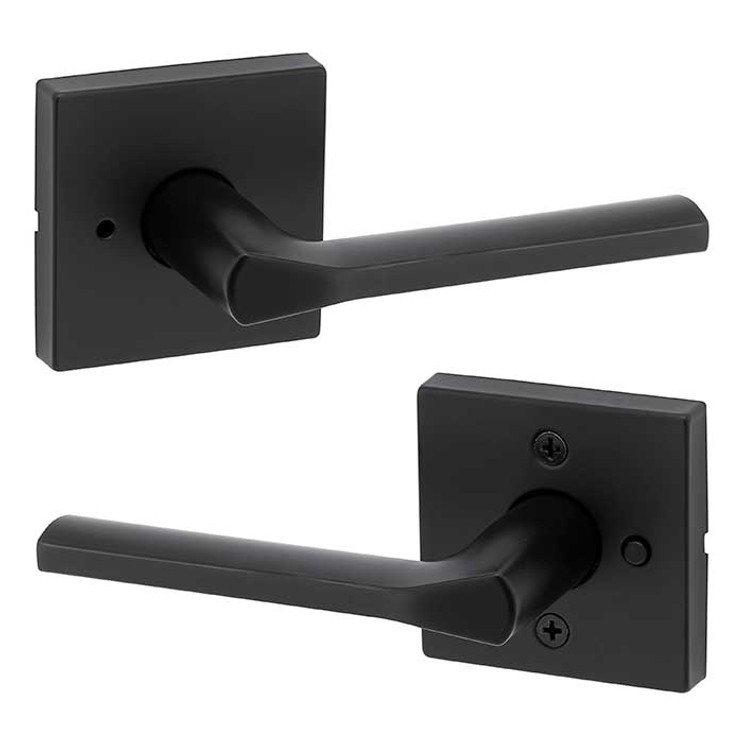 Kwikset Lisbon Privacy Lever, Square Rose With 6-Way Adjustable Latch And Round Corner Strike, Matte Black