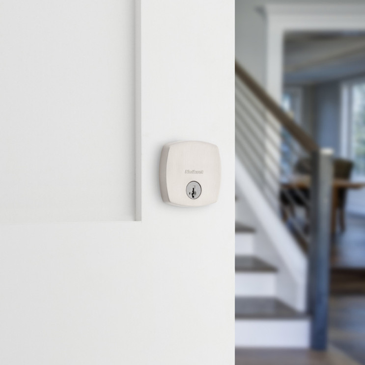 Kwikset Midtown Single Cylinder Deadbolt, -Low Profile Square Rose, Smartkey, 6-Way Adjustable Latch, Round And Square Corner Strikes, Satin Nickel