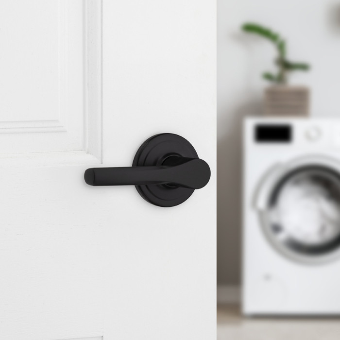 Kwikset Henley Passage Lever With Round Rose, 6-Way Adjustable Latch And Round Corner Strike, Matte Black