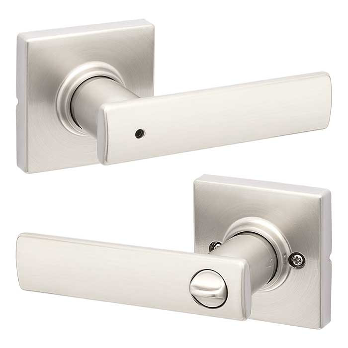 Kwikset Breton Privacy Lever With Square Rose, 6-Way Adjustable Latch And Round Corner Strike, Satin Nickel