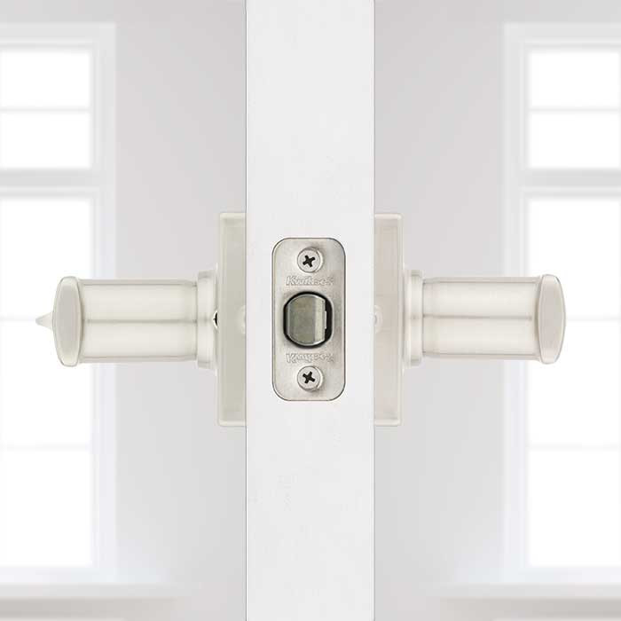Kwikset Breton Privacy Lever With Square Rose, 6-Way Adjustable Latch And Round Corner Strike, Satin Nickel