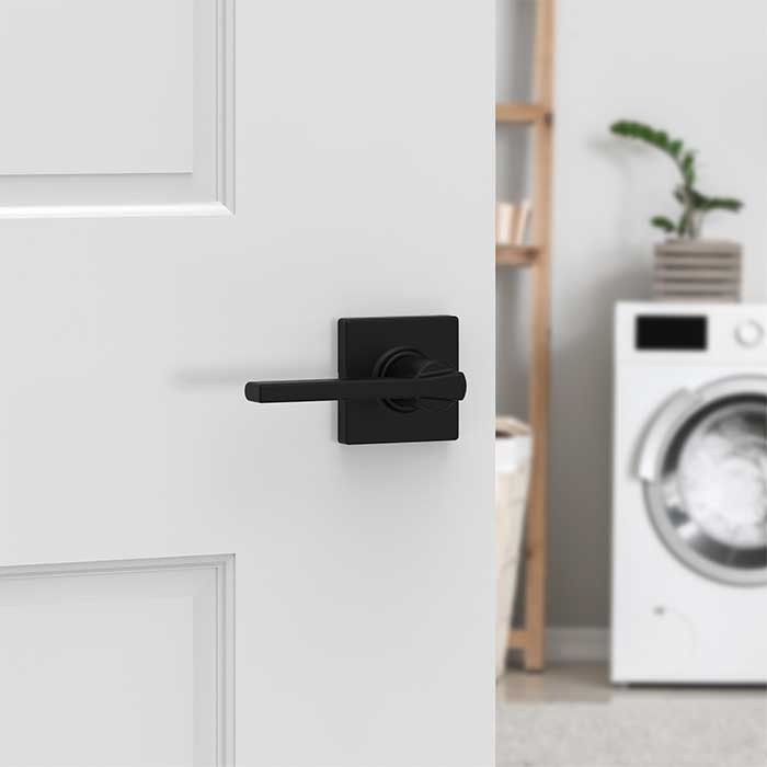 Kwikset Casey Passage Lever With Square Rose, 6-Way Adjustable Latch And Round Corner Strike, Matte Black
