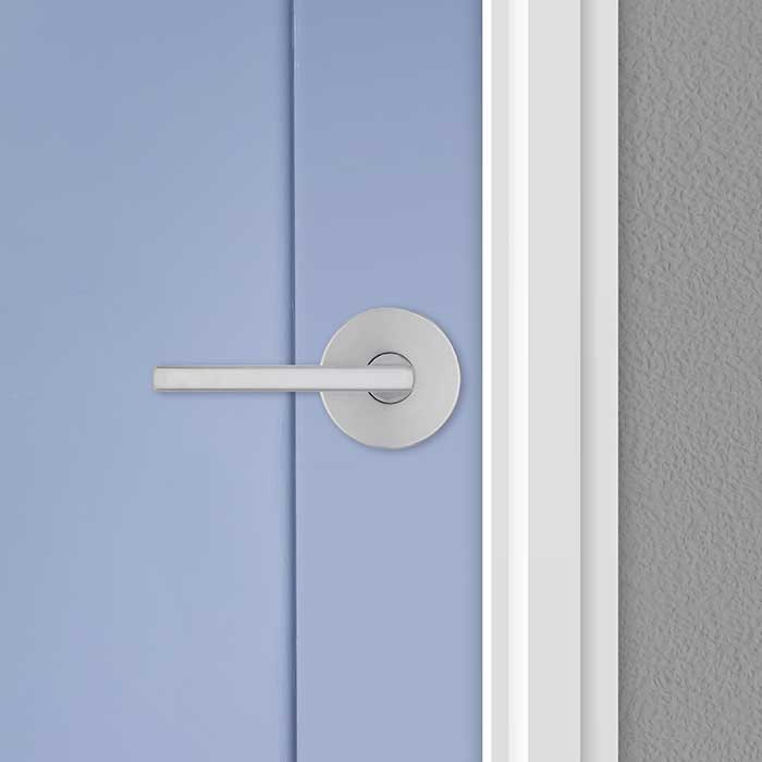 Kwikset Halifax Passage Lever, Round Rose With 6-Way Adjustable Latch And Round Corner Strike, Satin Chrome