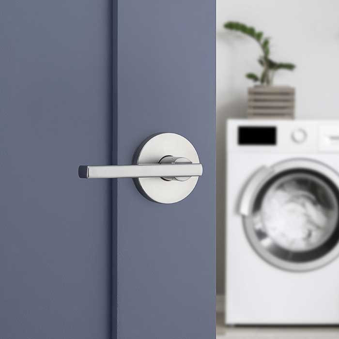 Kwikset Halifax Passage Lever, Round Rose With 6-Way Adjustable Latch And Round Corner Strike, Satin Chrome