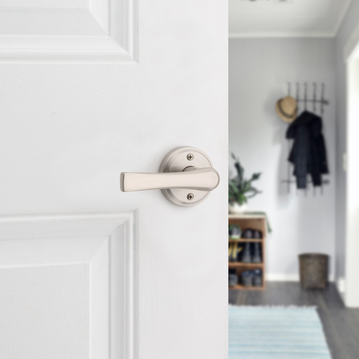 Kwikset Katella Passage Lever With 6-Way Adjustable Latch And Round Corner Strike, Satin Nickel