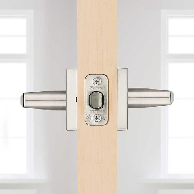 Kwikset Lisbon Passage Lever, Square Rose With 6-Way Adjustable Latch And Round Corner Strike, Satin Nickel