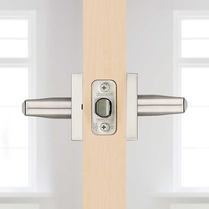 Kwikset Lisbon Passage Lever, Square Rose With 6-Way Adjustable Latch And Round Corner Strike, Satin Nickel