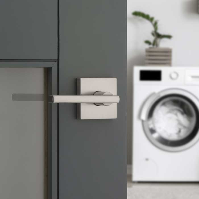 Kwikset Halifax Passage Lever, Square Rose With 6-Way Adjustable Latch And Round Corner Strike, Satin Nickel