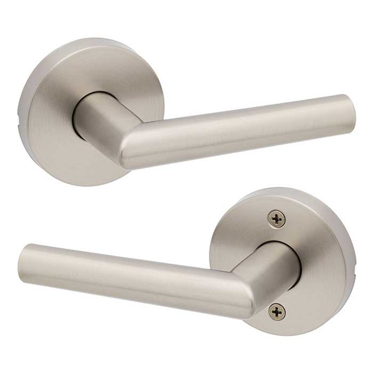 Kwikset Milan Passage Lever, Round Rose With 6-Way Adjustable Latch And Round Corner Strike, Satin Nickel
