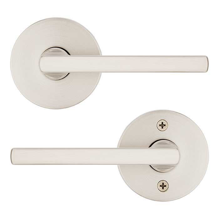 Kwikset Halifax Passage Lever, Round Rose With 6-Way Adjustable Latch And Round Corner Strike, Satin Nickel