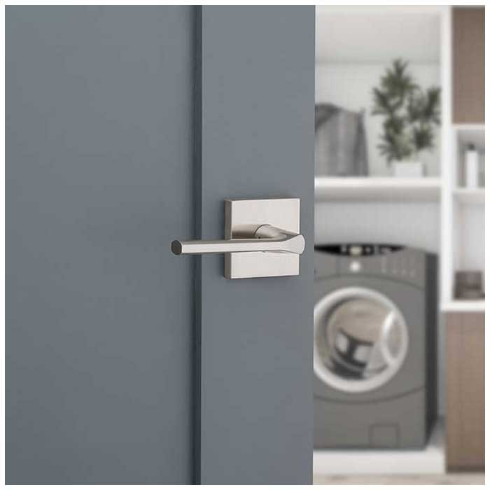 Kwikset Lisbon Passage Lever With Square Rose, 6-Way Adjustable Latch And Round Corner Strike, Satin Nickel