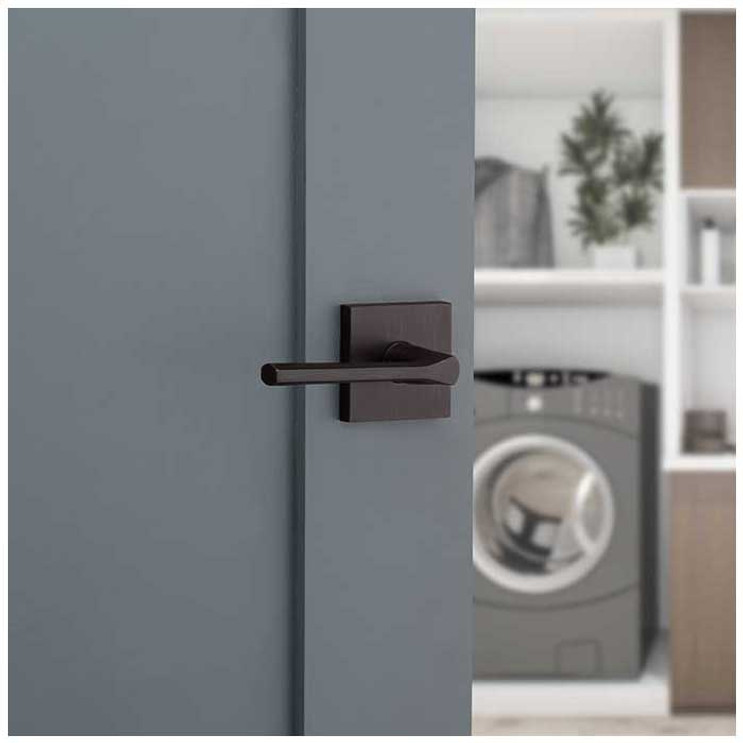 Kwikset Lisbon Passage Lever With Square Rose, 6-Way Adjustable Latch And Round Corner Strike, Venetian Bronze