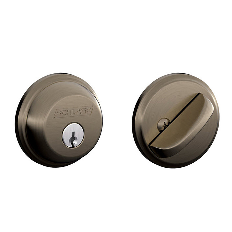 Schlage Residential B60 Deadbolt Single Cylinder, Dual Option Latch, Adjustable Backset, 1-1/8" X 2-3/4" Round Corner Strike, Antique, Satin Nickel Blackened