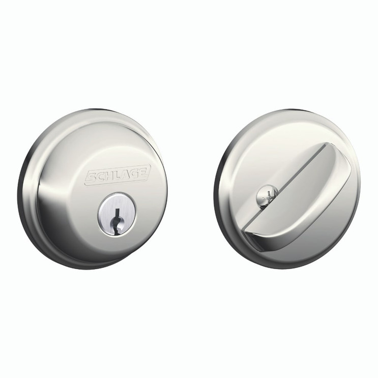 Schlage Residential B60 Deadbolt Single Cylinder, Dual Option Latch, Adjustable Backset, 1-1/8" X 2-3/4" Round Corner Strike, Bright Polished Nickel